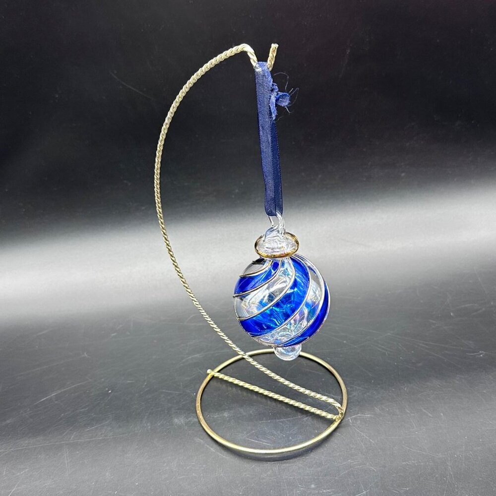 Hand Blown Glass Christmas Ornament Blue Swirl Clear Gold Iridescent Retro Candy